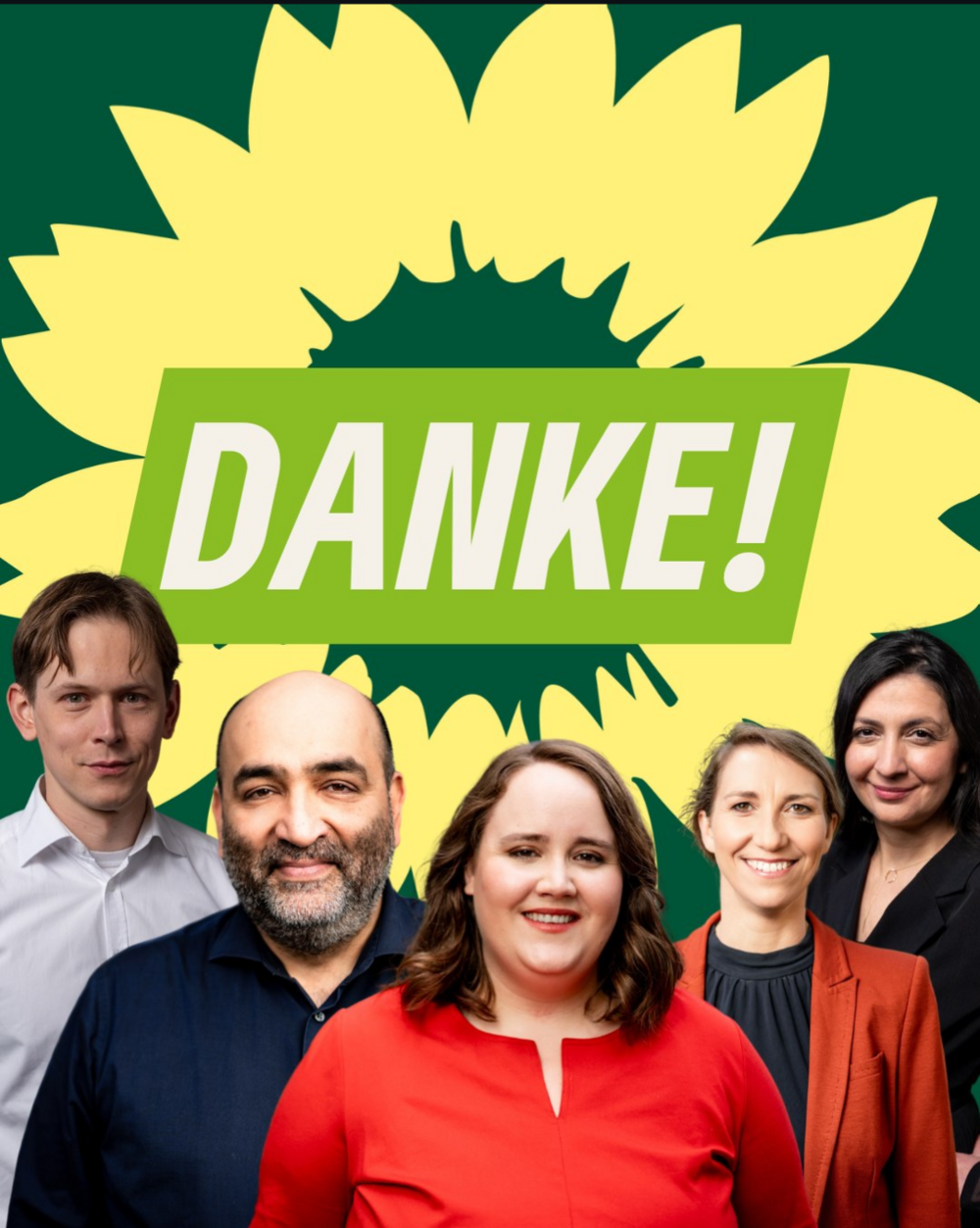 Danke mit Sonnenblume, auf dem Bild zu sehen der zurückgetretene Parteivorstand.