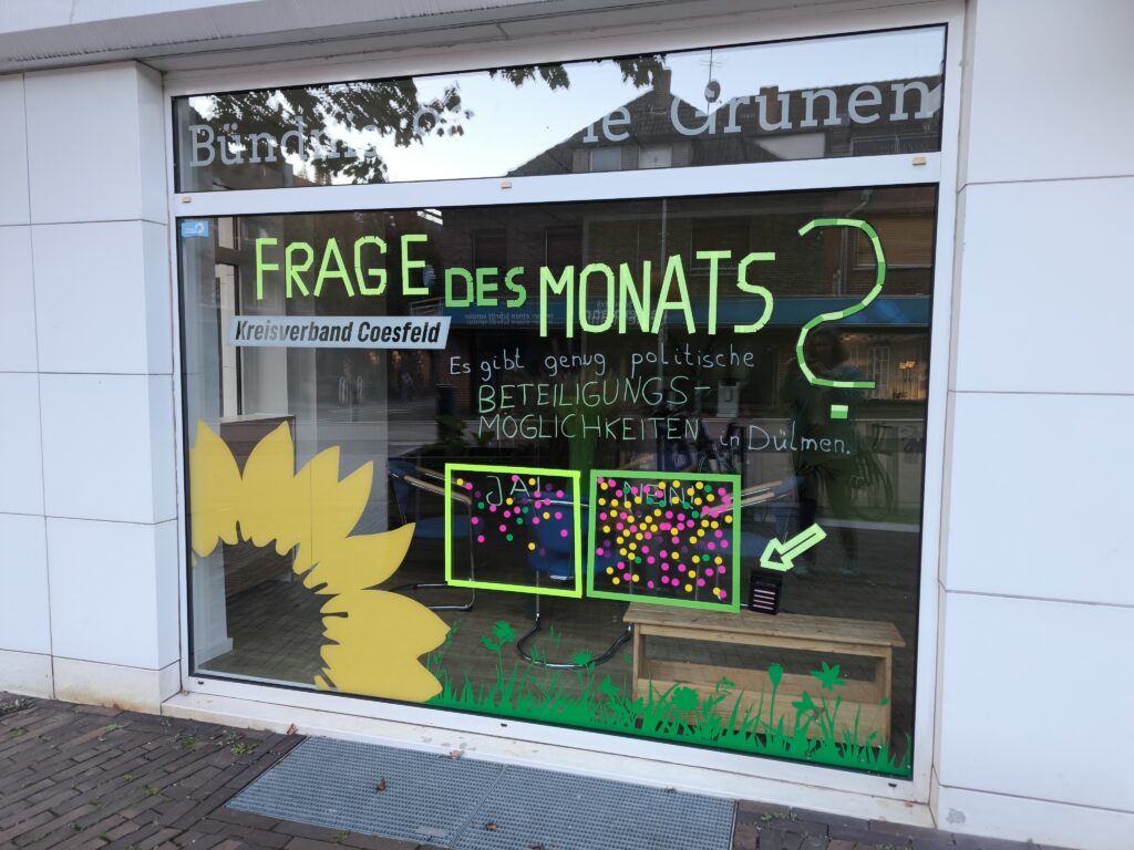 Schaufenster des Büros von Bündnis 90/Die Grünen mit der aufgemalten Frage „Es gibt genug politische Beteiligungsmöglichkeiten in Dülmen.“. Unter der Frage befinden sich zwei Felder für „Ja!“ und „Nein!“, auf die Passanten bunte Klebepunkte geklebt haben, wobei das „Nein“-Feld sichtbar mehr Punkte enthält.